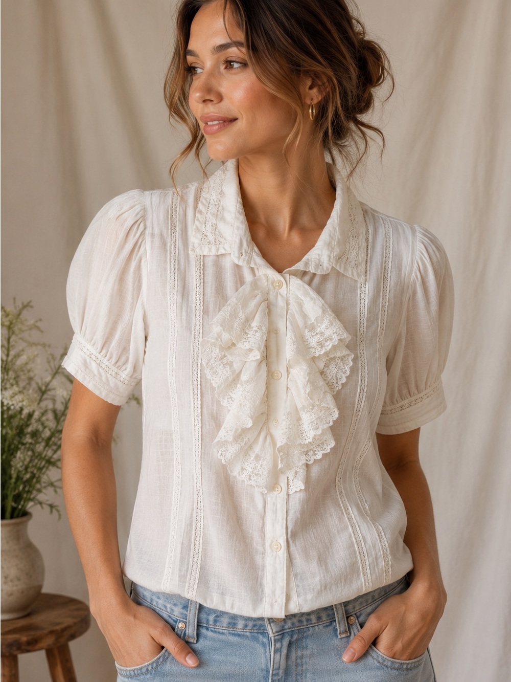 THE GREAT. Ruffle Lace Victorian Prairie Blouse Ivory Cotton Size 0